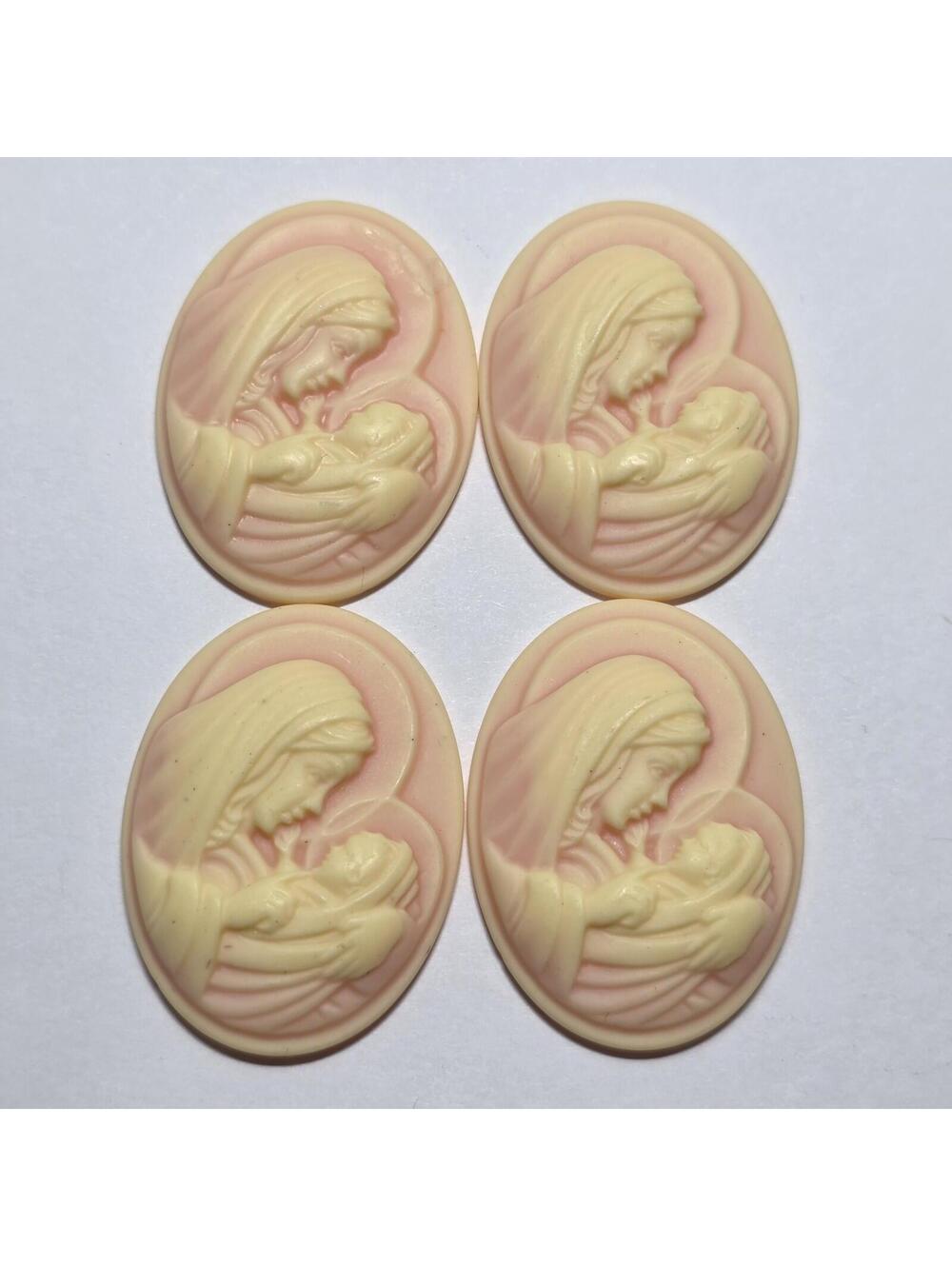 Lot of 4 Madonna Child Cameo Cabochons Pink Cream Resin Relief EUC